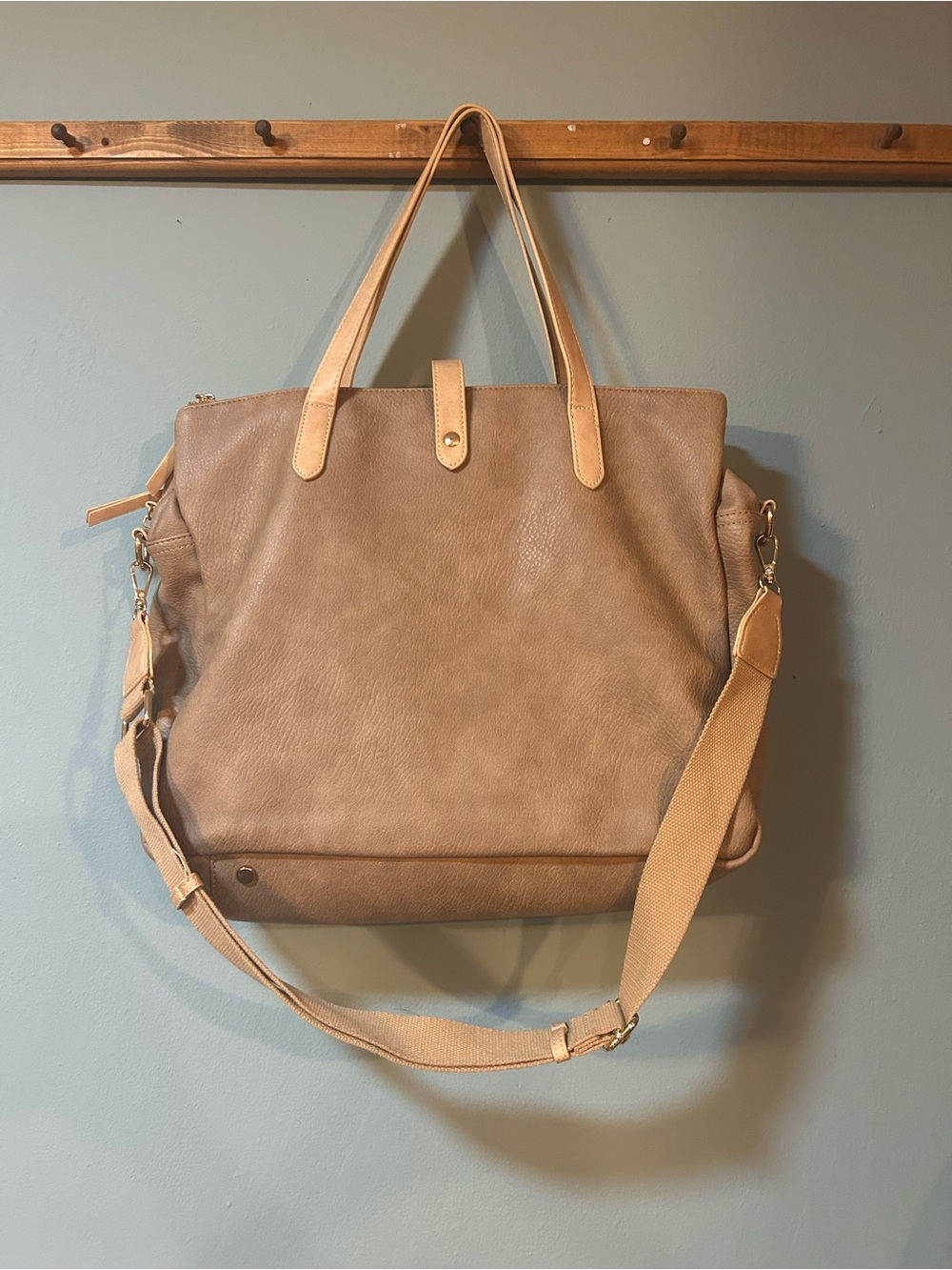 Neutral Taupe Faux Leather Laptop Work Tote Bag with Detachable Shoulder Strap